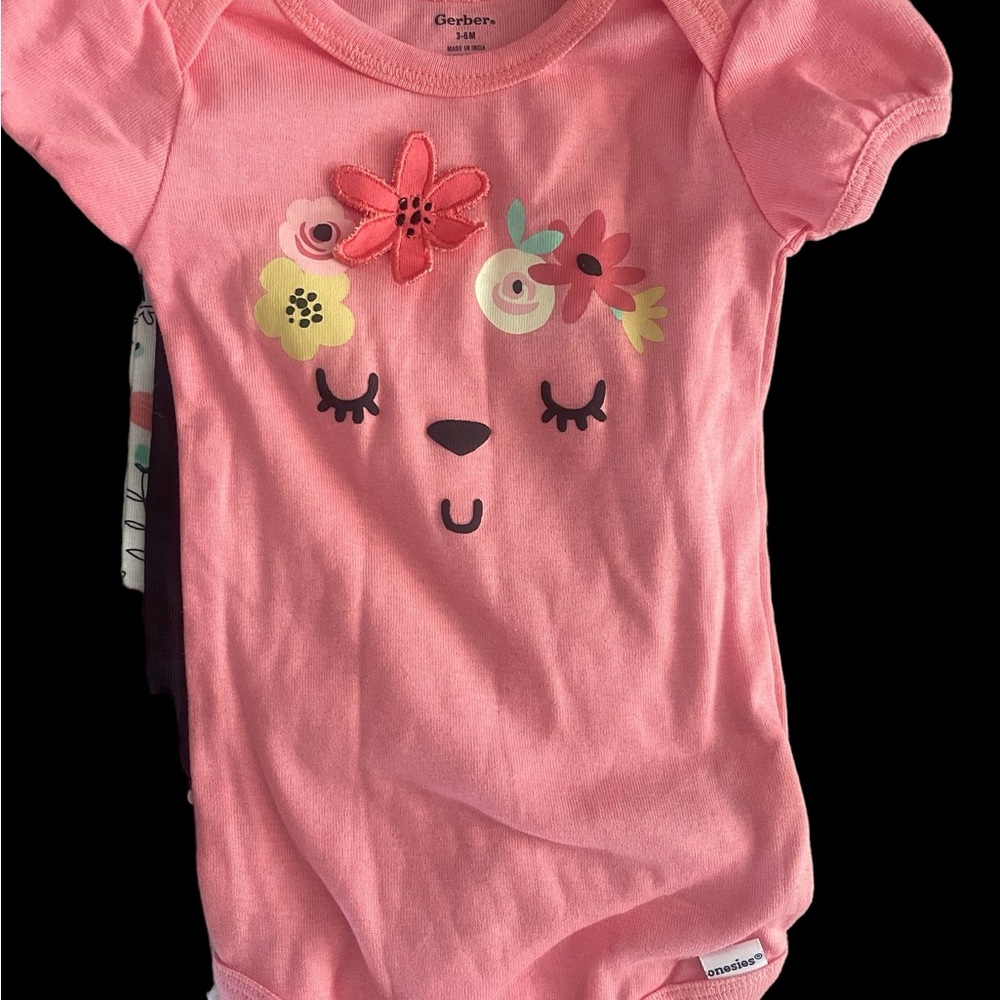 Gerber Baby Girl 3-6 mo. 5 piece set; pink, floral, black polka dots.
